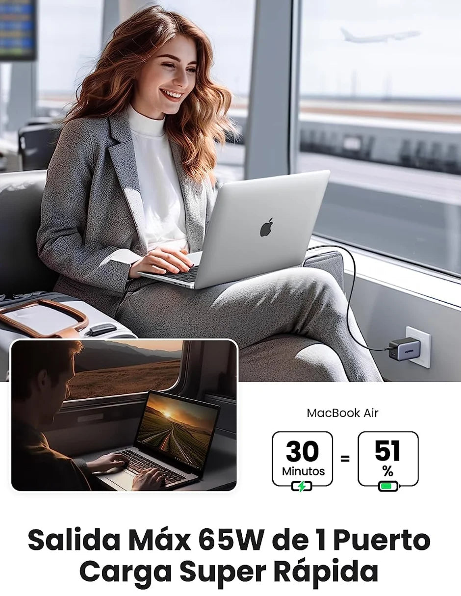 Cargador UGREEN Nexode 65W GaN USB‑C con 3 Puertos