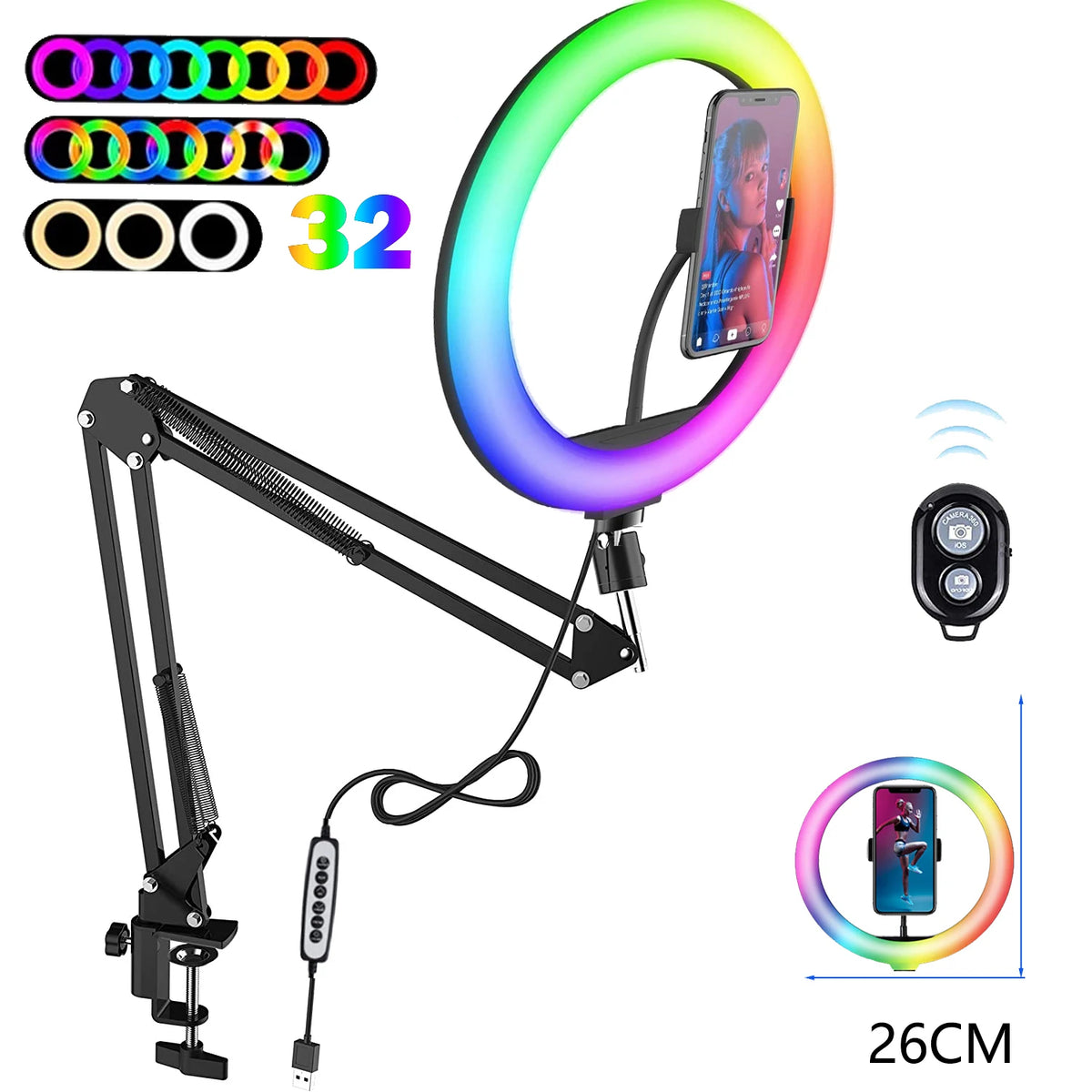 Aro de luz 26cm RGB con Trípode y Soporte Móvil