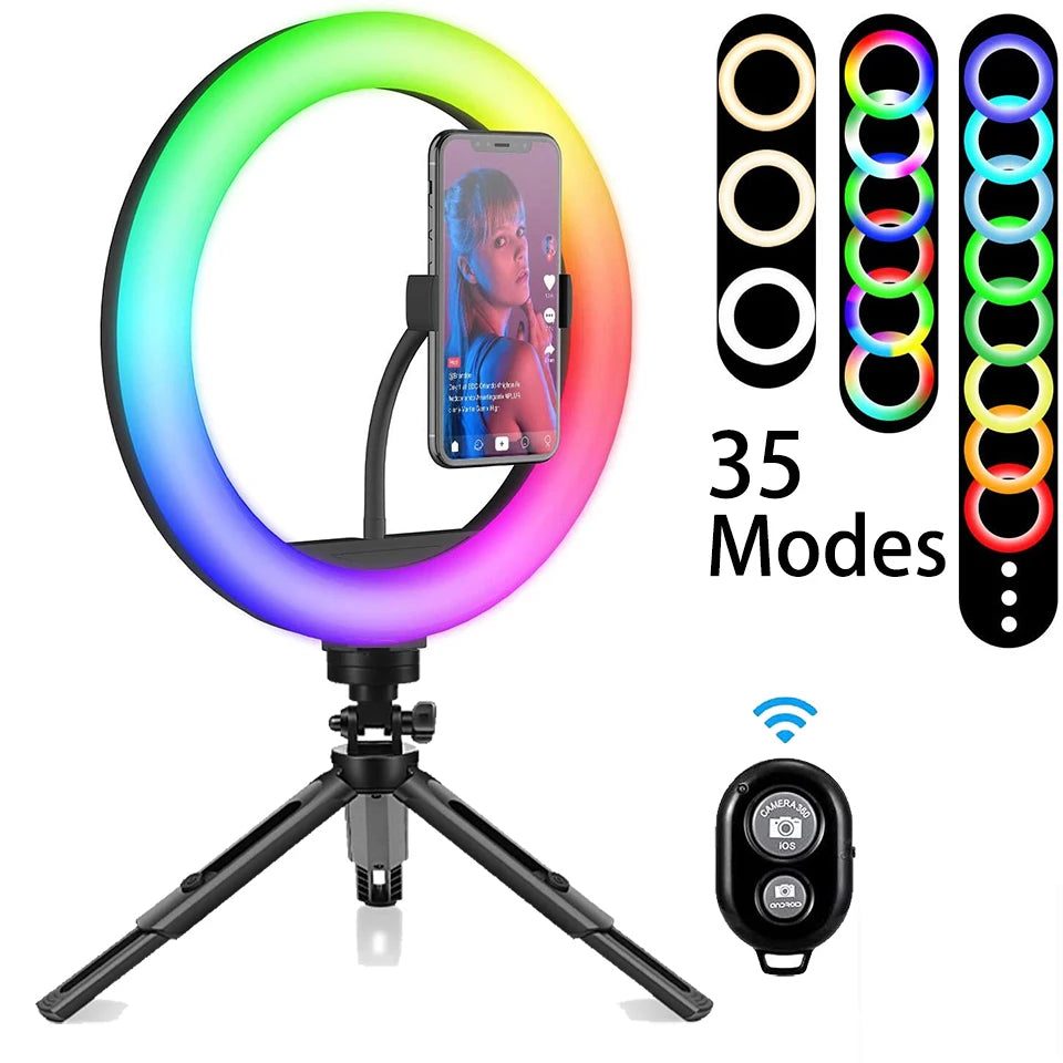 Aro de luz 26cm RGB con Trípode y Soporte Móvil