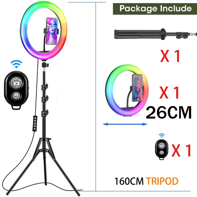 Aro de luz 26cm RGB con Trípode y Soporte Móvil