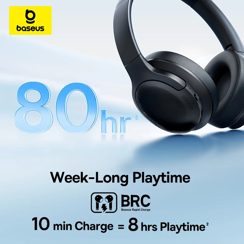 Baseus BH1 Lite Wireless Audífonos Bluetooth 6.0 ENC Clear Call Headsets Super Bass Hit Earphones 80H Playtime Over Ear Headset