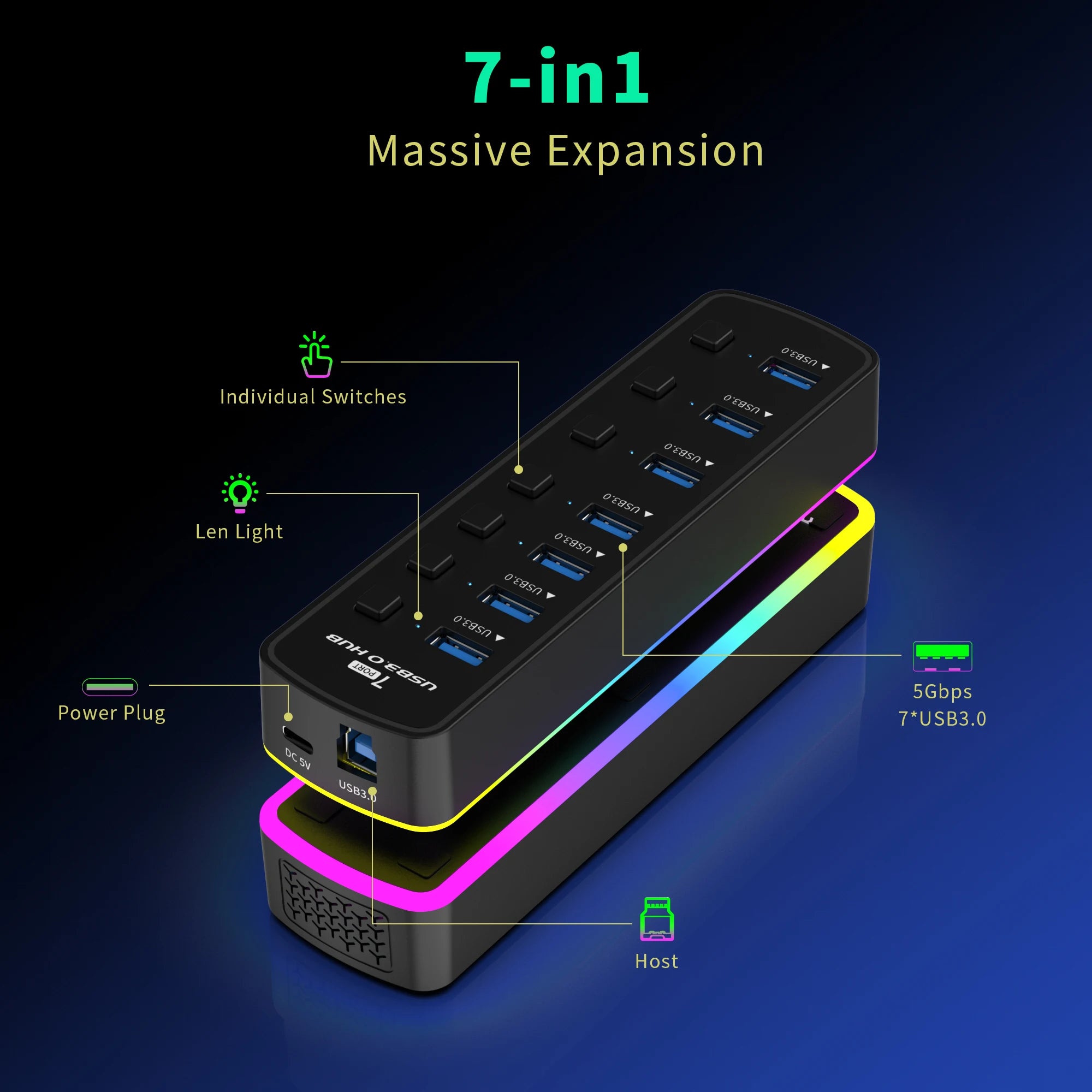 Multi hub RGB USB 3.0 Hub 7 Ports Data