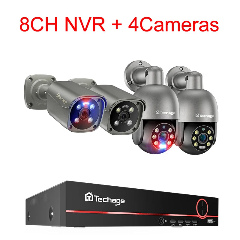 Techage Kit 8CH 4K 8MP PoE con Cámaras PTZ y Audio Bidireccional