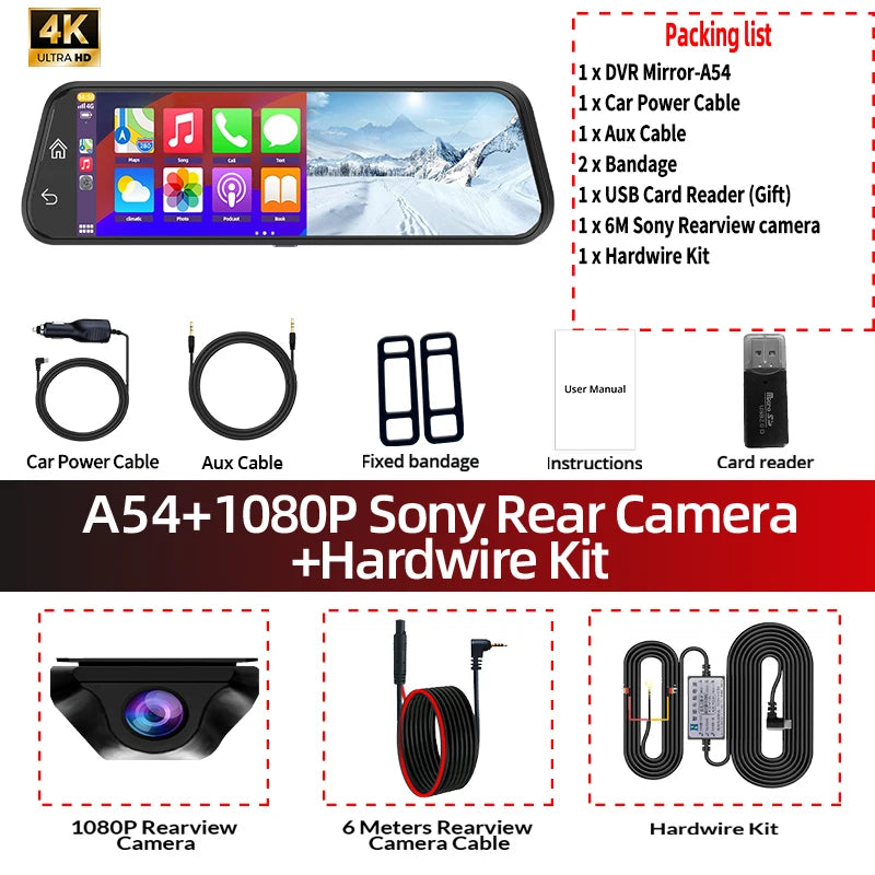 Dash Cam Acceo 4K Espejo Wireless CarPlay Android Auto