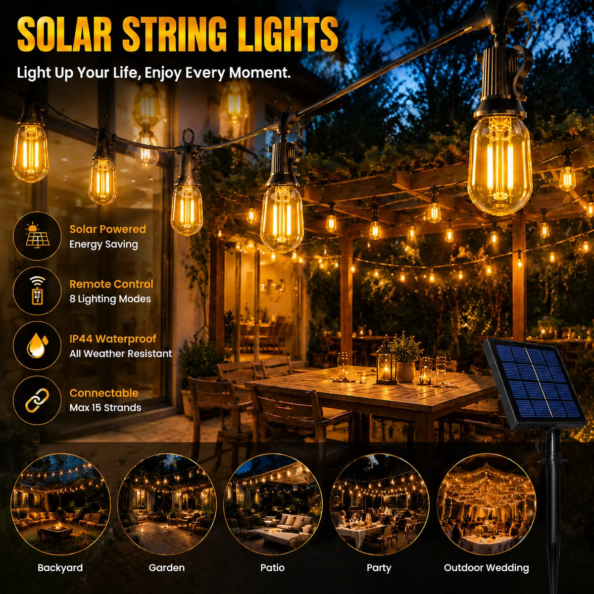 Guirnalda de luz solar al aire libre impermeable E12 vidrio
