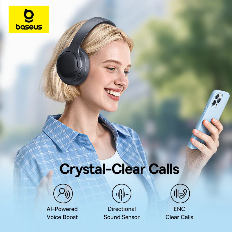 Baseus BH1 Lite Wireless Audífonos Bluetooth 6.0 ENC Clear Call Headsets Super Bass Hit Earphones 80H Playtime Over Ear Headset
