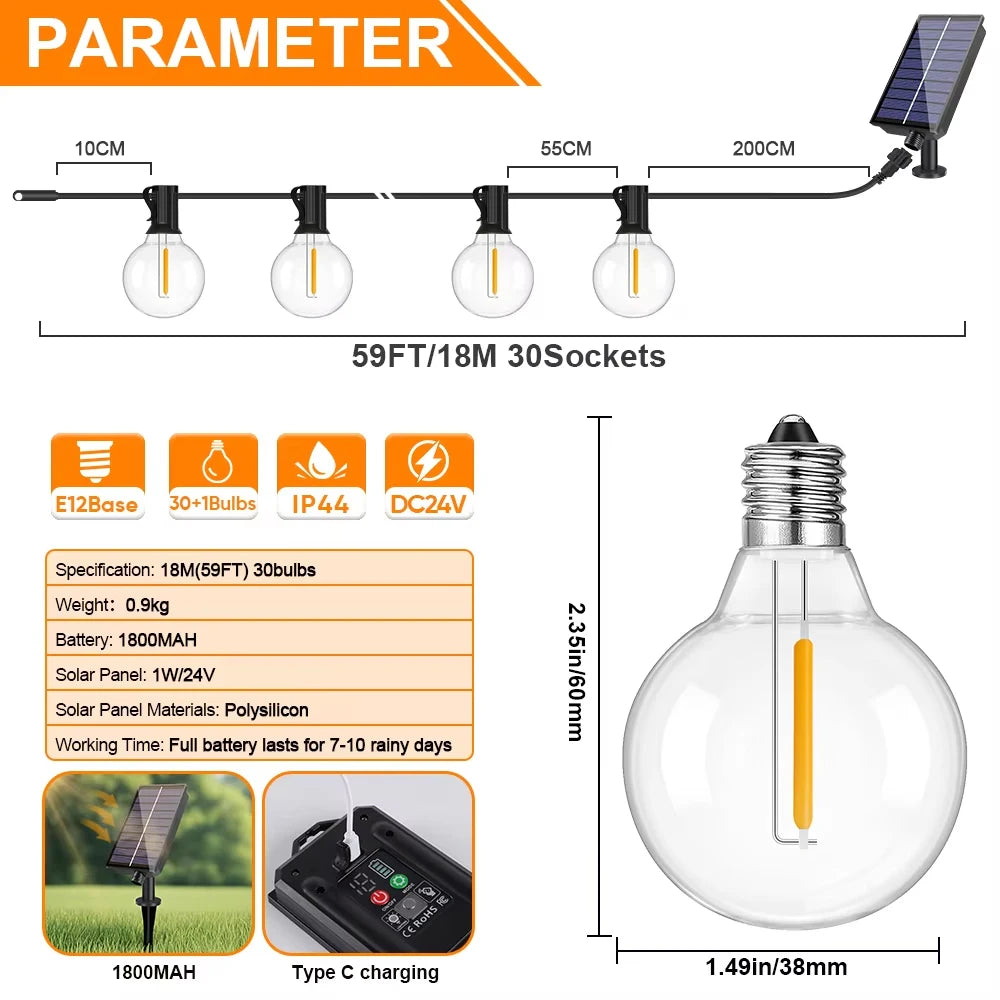 Guirnalda de luz solar para exteriores G40 LED