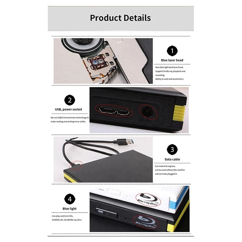 Blu-Ray Burner Player USB 3.0 CD DVD