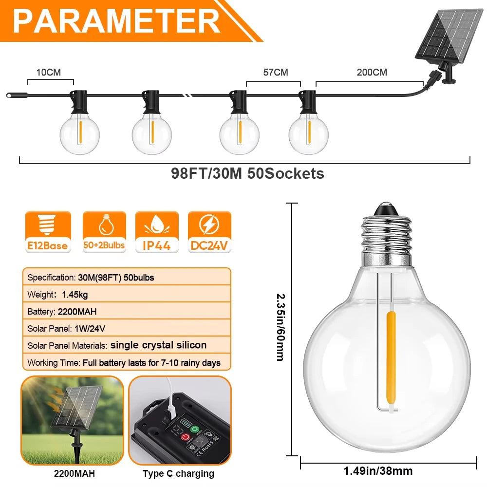 Guirnalda de luz solar para exteriores G40 LED