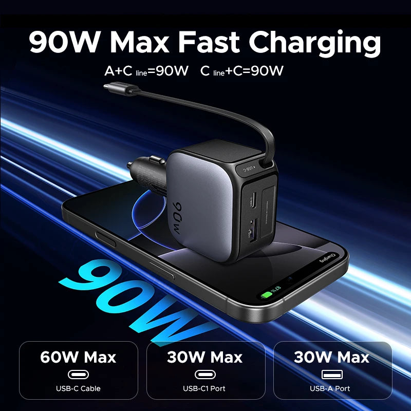 UGREEN Cargador de Coche 145W con Cable Retráctil