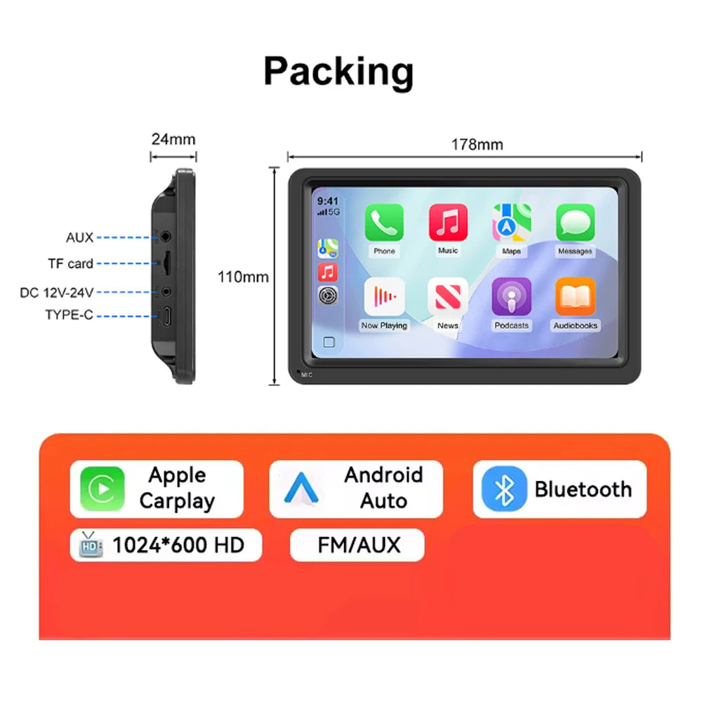 Pantalla Carplay & Android Auto 
Universal Portable IPS 7”