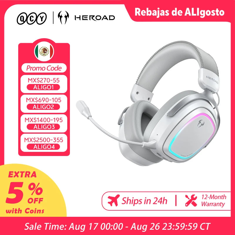 Heroad GT2 Wireless Gaming Headset by QCY THX Spatial Audio+7.1.4 Tri-mode RGB 3-Mic ENC Over Ear Headphone for PC Headset Gamer