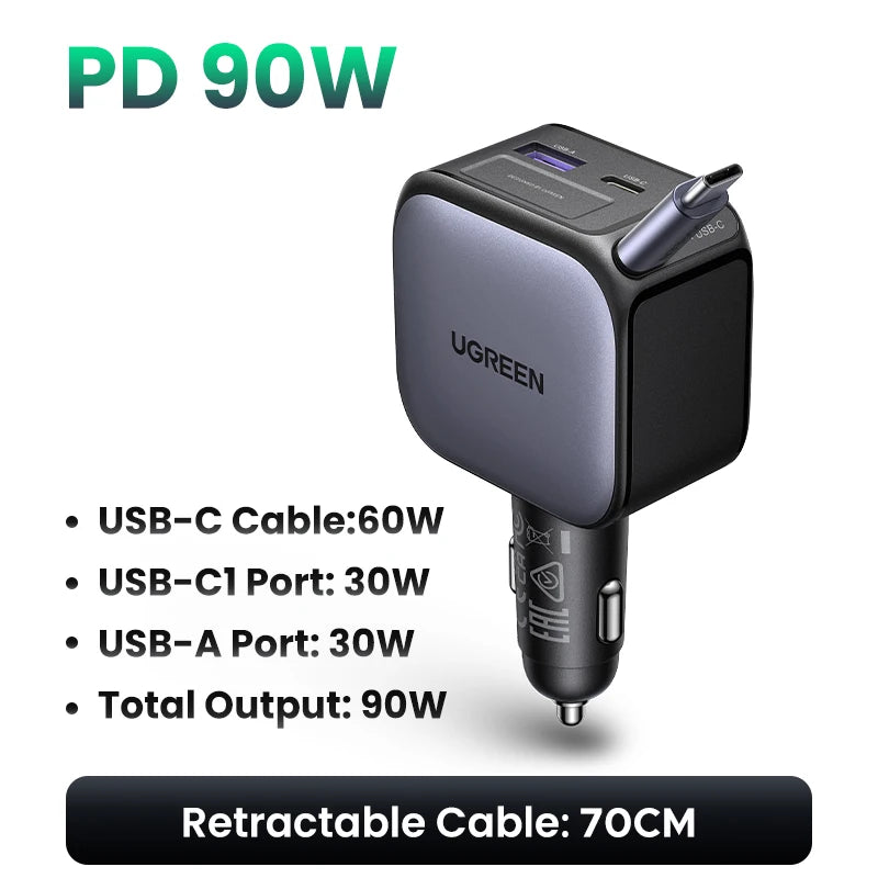 UGREEN Cargador de Coche 145W con Cable Retráctil
