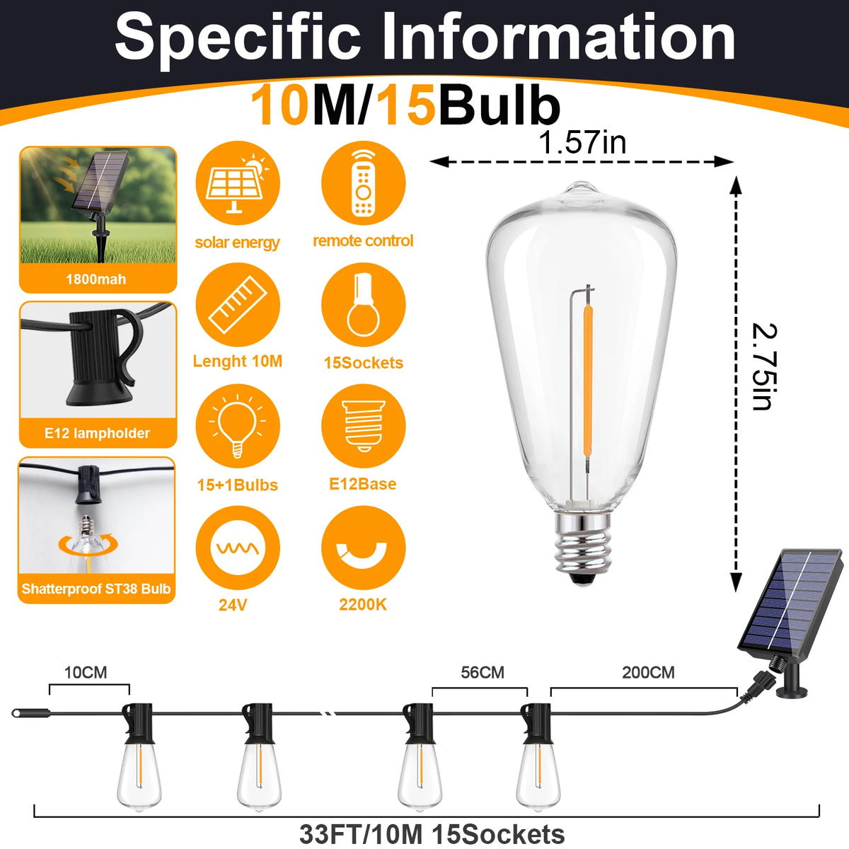 Guirnalda LED de globo solar G40 Luz de patio
