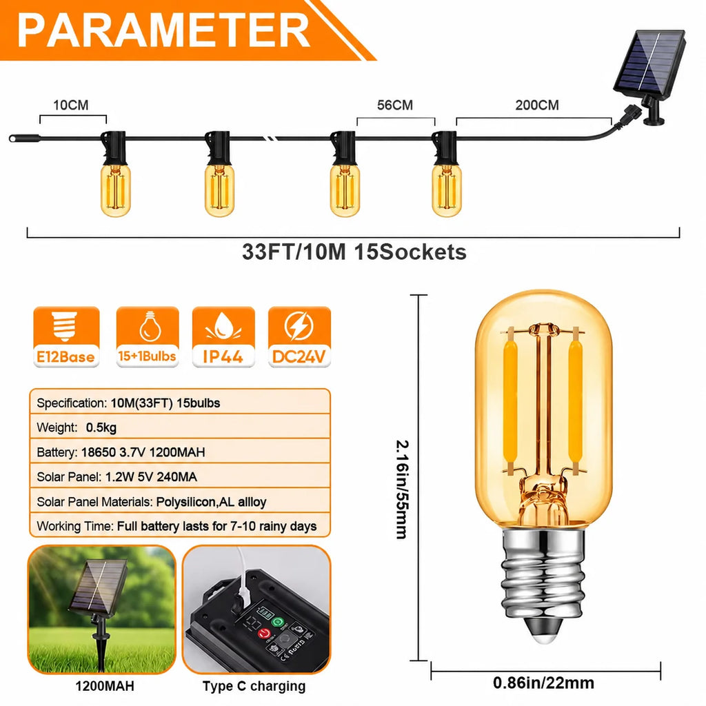 Guirnalda de luz solar al aire libre impermeable E12 vidrio