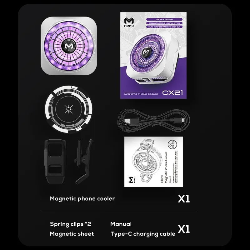 MEMO CX21 Phone Cooler 9V/2A Semiconductor Cooling Fan Radiator Silent Magnetic & Back-clip Universal for Live Streaming Gaming
