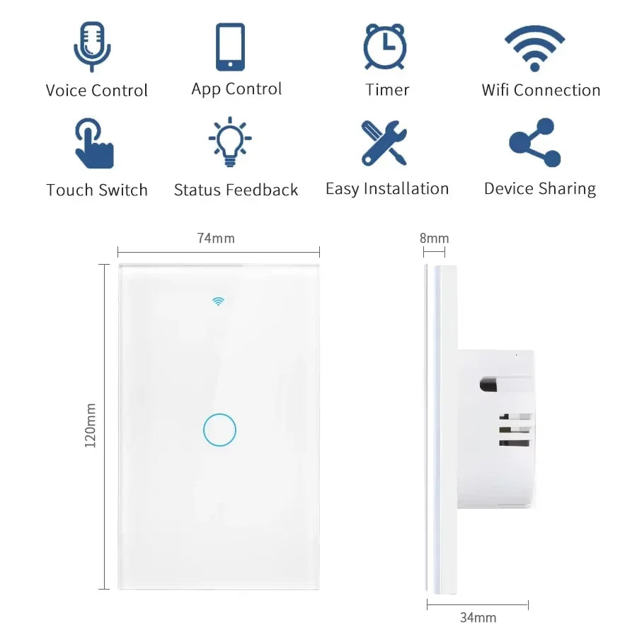 Tuya WiFi Smart Light Switch US Standard Glass Touch Control