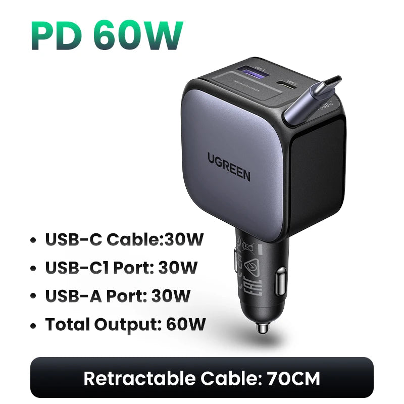 UGREEN Cargador de Coche 145W con Cable Retráctil