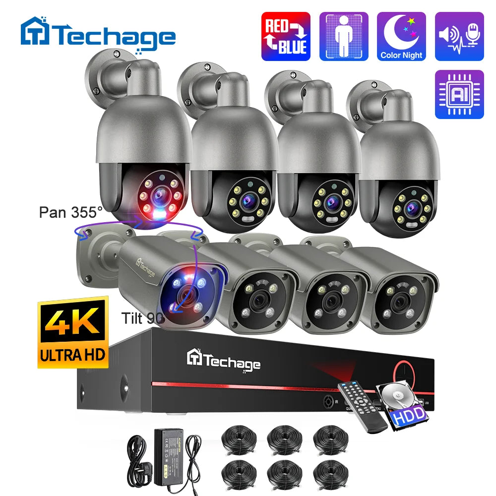 Techage Kit 8CH 4K 8MP PoE con Cámaras PTZ y Audio Bidireccional