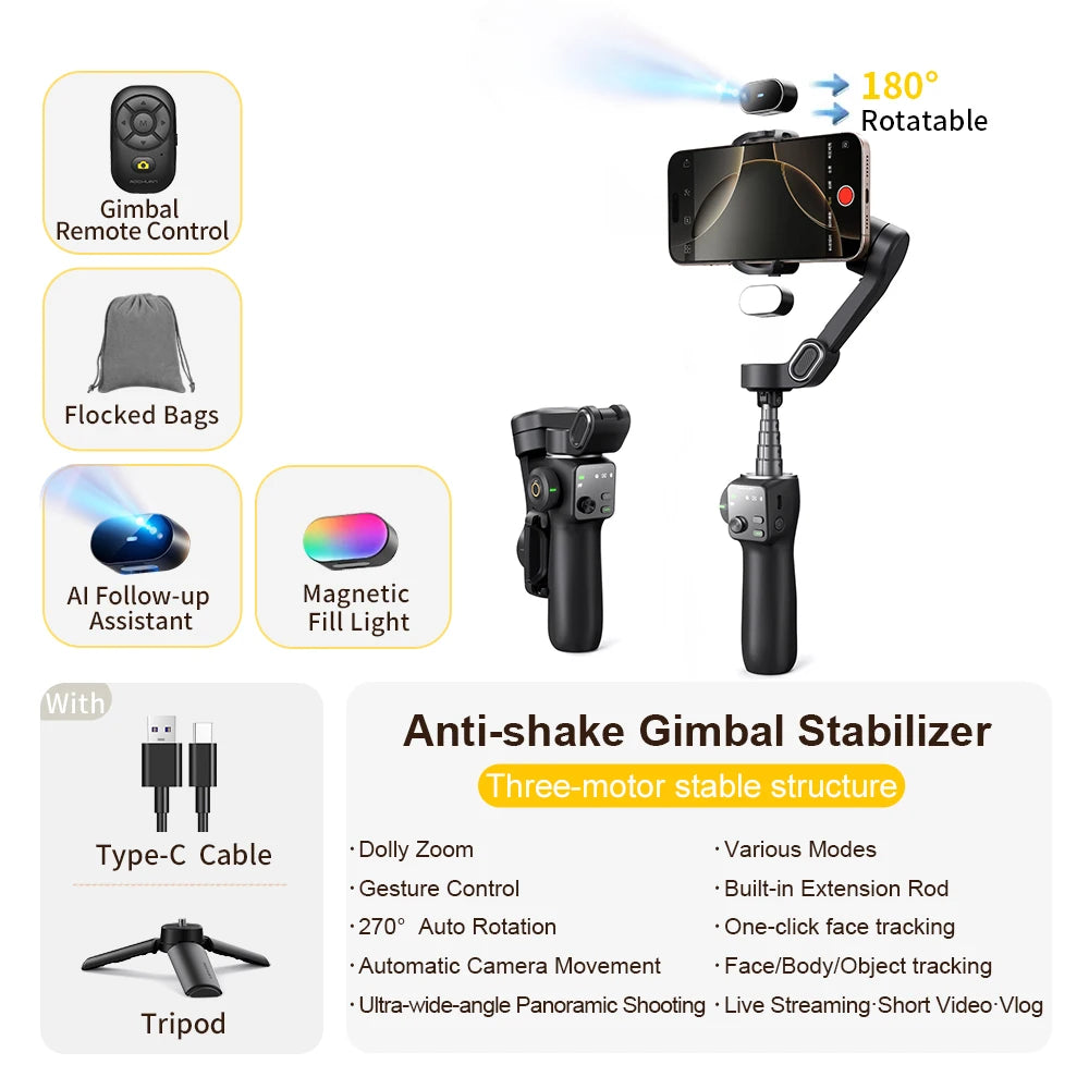 Estabilizador Gimbal AOCHUAN Smart V8 3 Ejes con Trípode