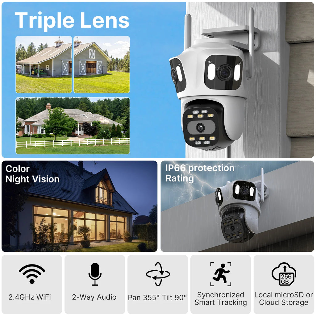 Three Lens PTZ IP Camera Outdoor HD Three Screen