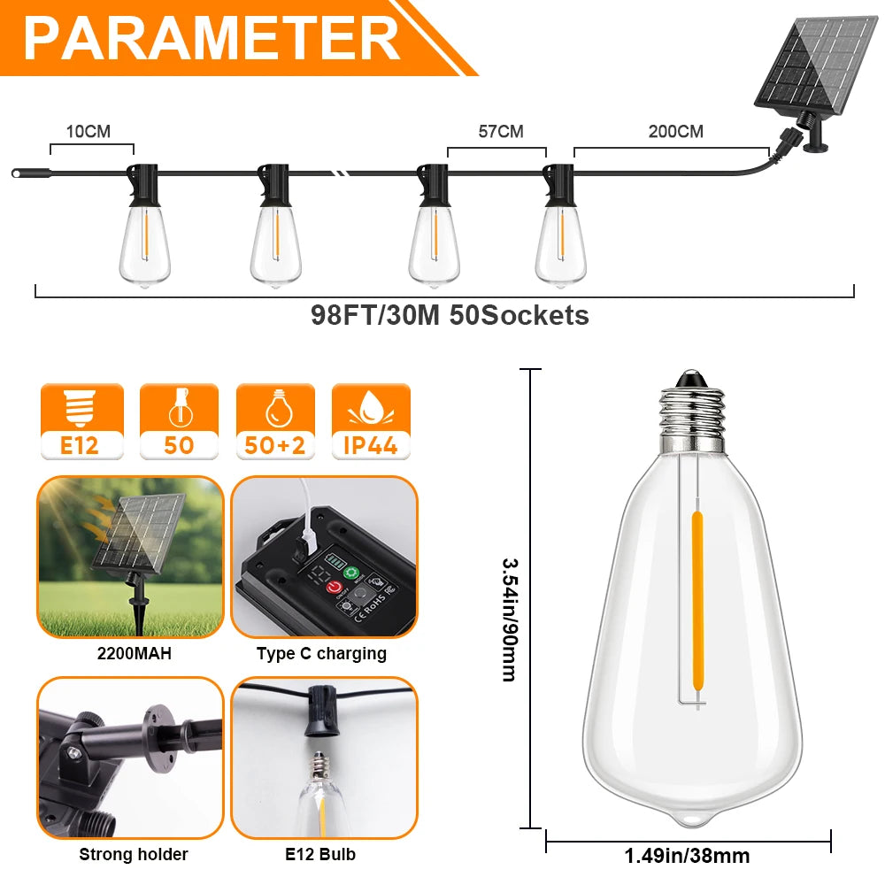 Guirnalda solar LED regulable al aire libre IP65