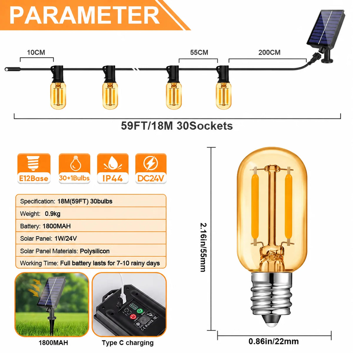 Guirnalda de luz solar al aire libre impermeable E12 vidrio