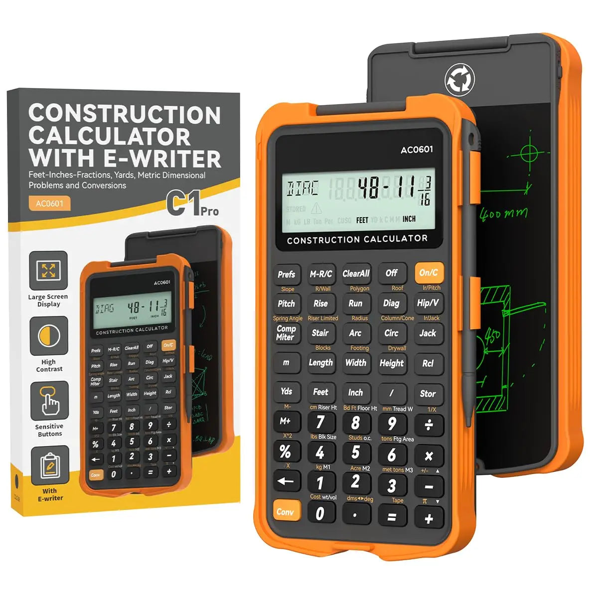 Calculadora de construcción con tableta de escritura industrial