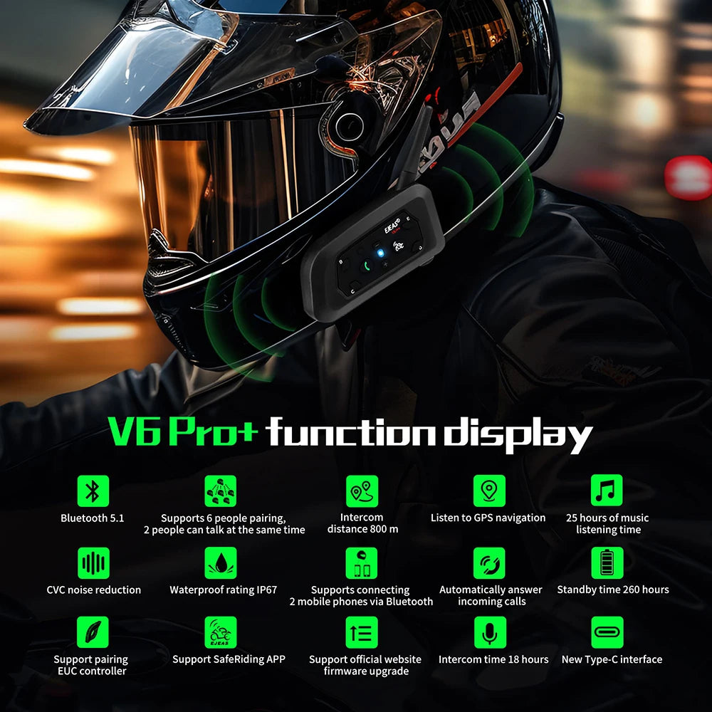 Intercomunicador EJEAS V6 PRO-BLUETOOTH para Casco de Moto IP67