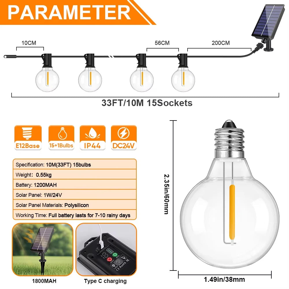 Guirnalda de luz solar para exteriores G40 LED