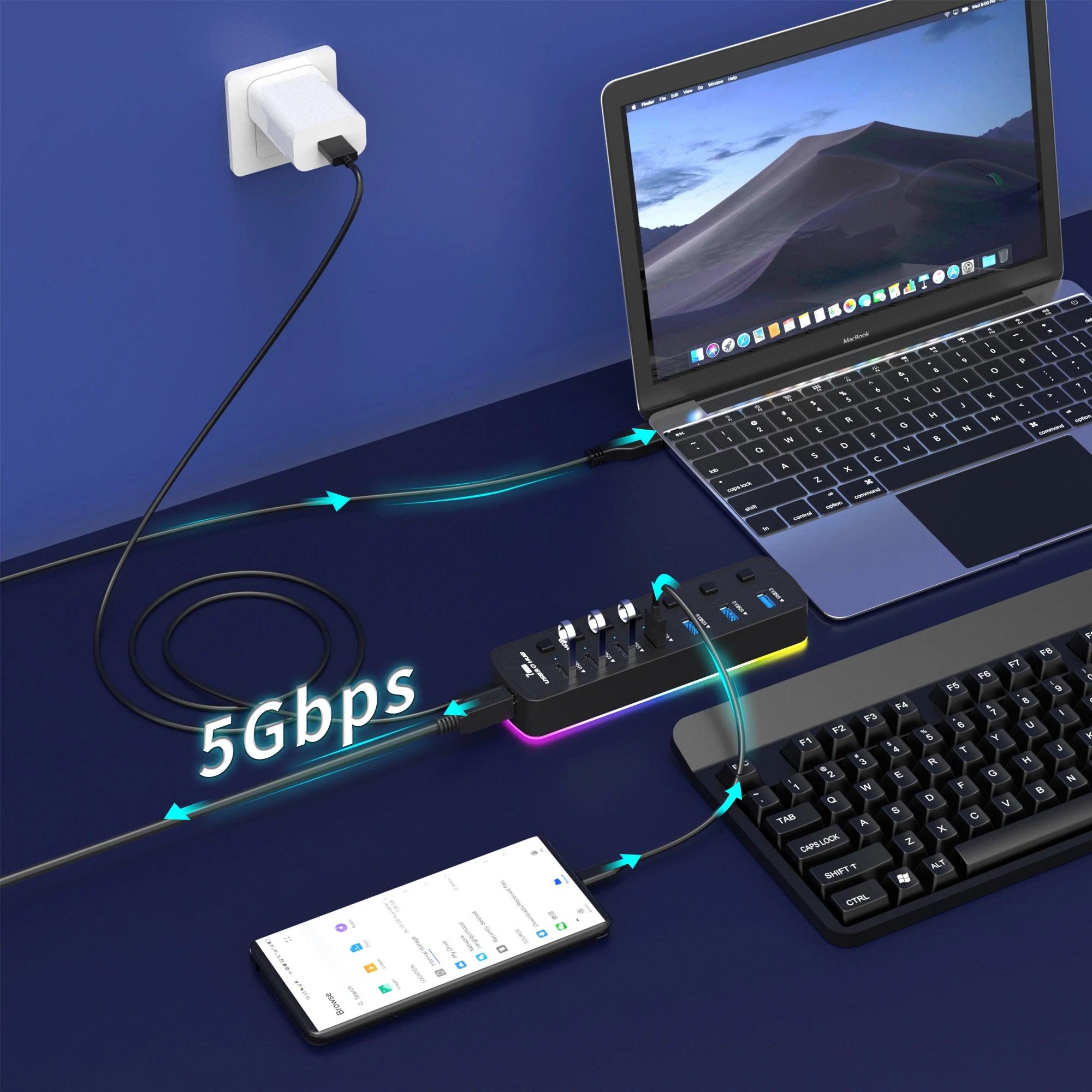 Multi hub RGB USB 3.0 Hub 7 Ports Data