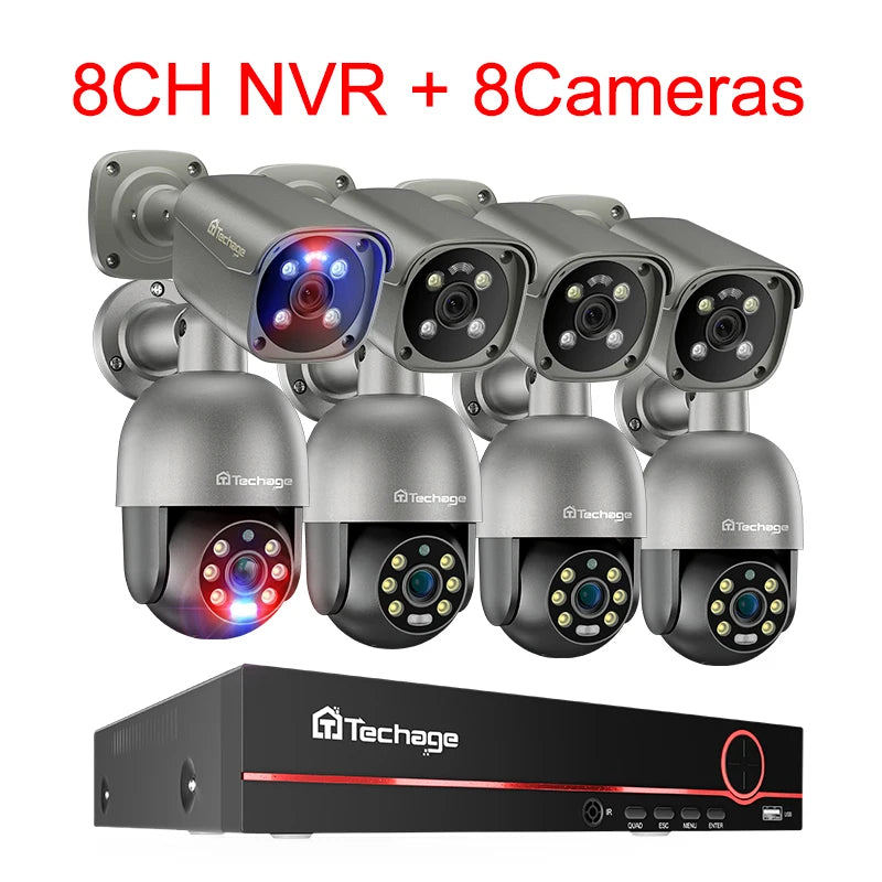 Techage Kit 8CH 4K 8MP PoE con Cámaras PTZ y Audio Bidireccional