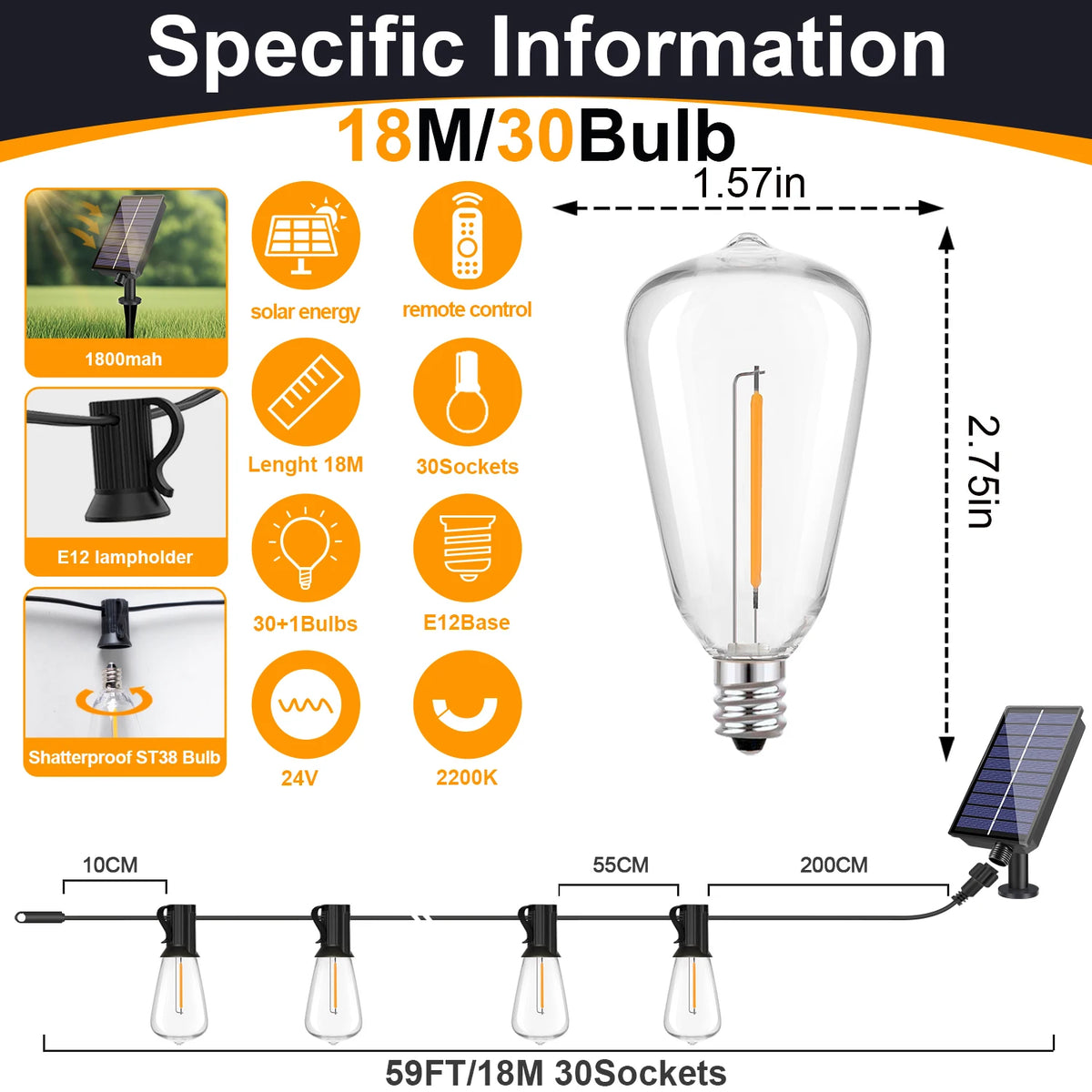 Guirnalda LED de globo solar G40 Luz de patio