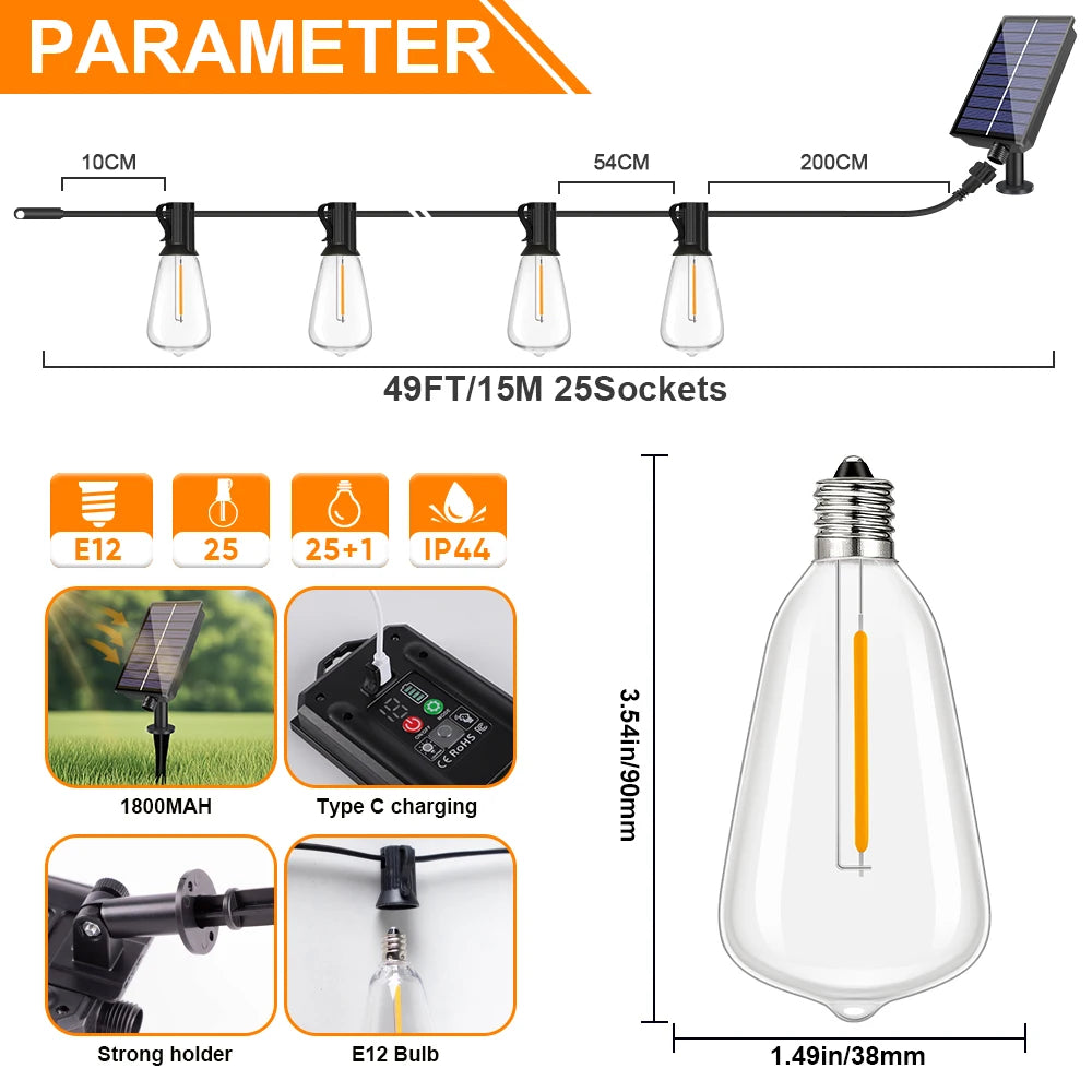 Guirnalda solar LED regulable al aire libre IP65