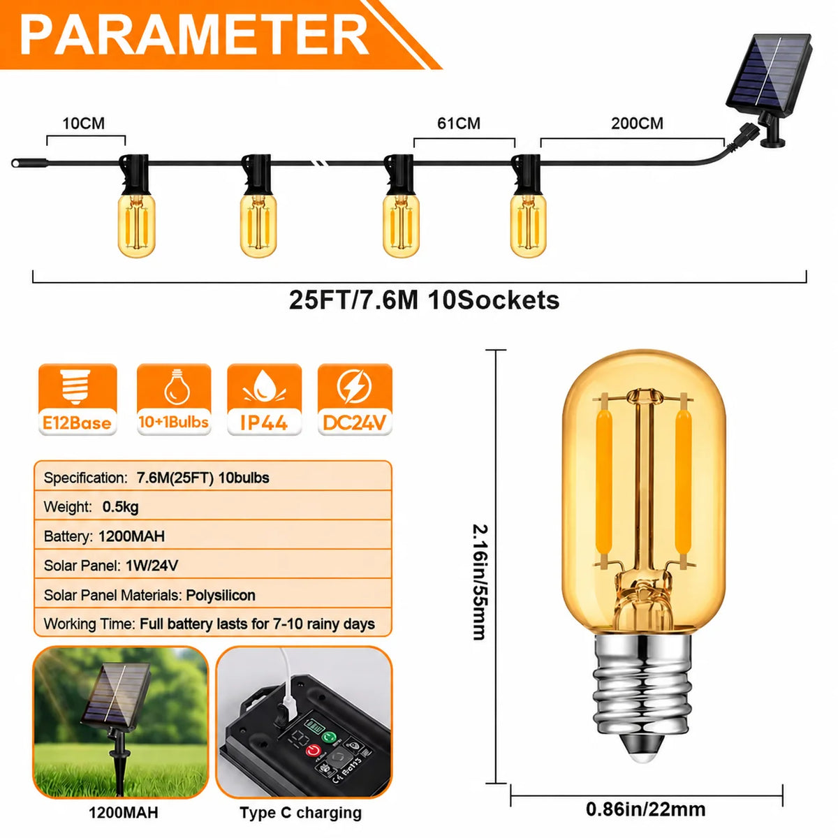 Guirnalda de luz solar al aire libre impermeable E12 vidrio