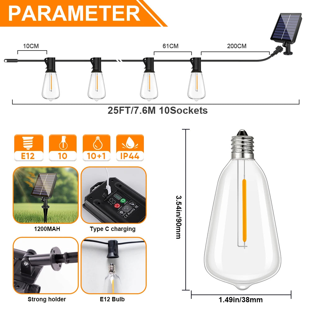 Guirnalda solar LED regulable al aire libre IP65
