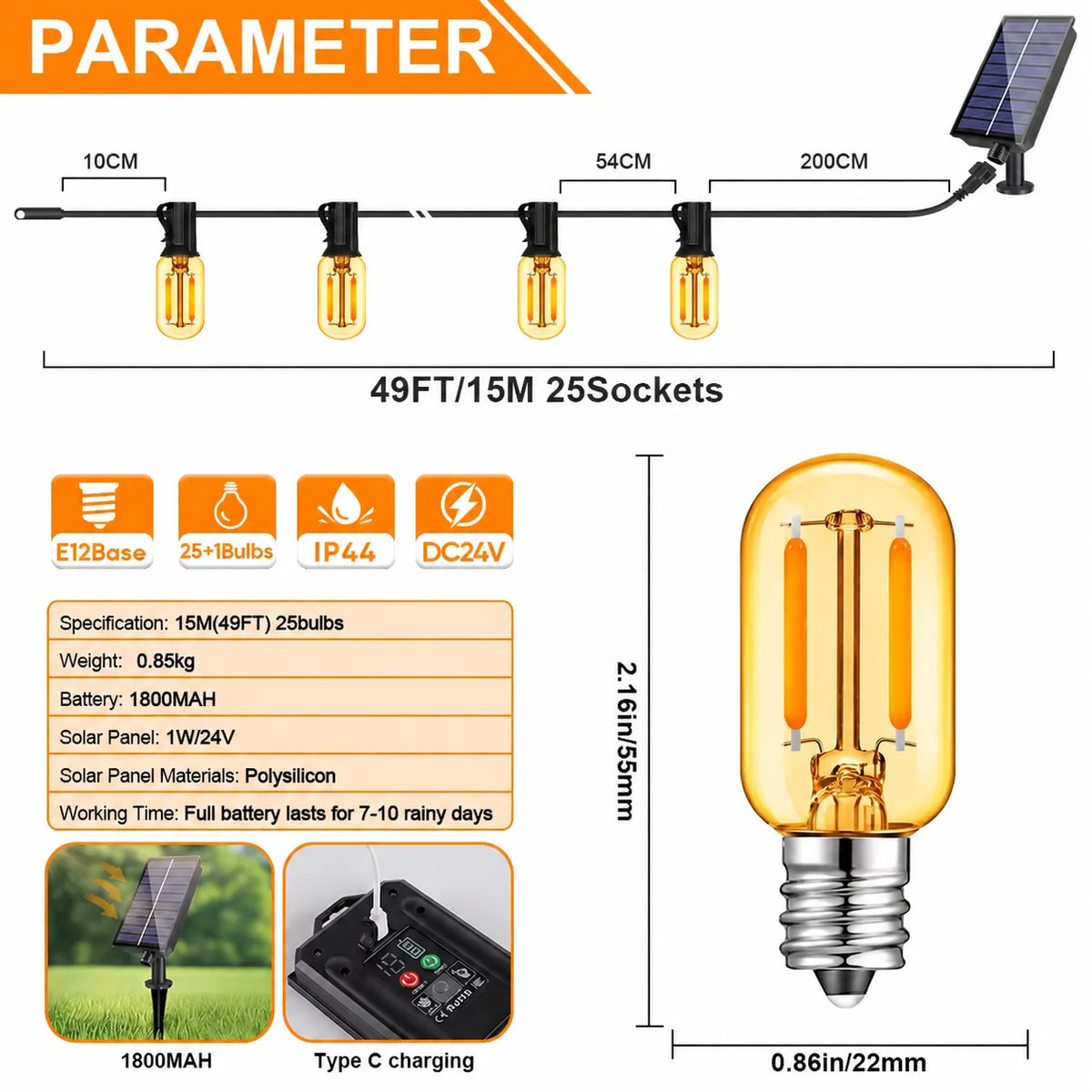 Guirnalda de luz solar al aire libre impermeable E12 vidrio