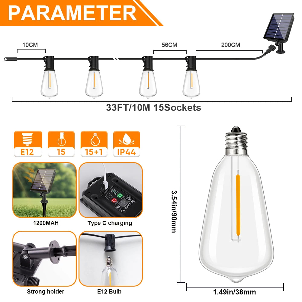 Guirnalda solar LED regulable al aire libre IP65