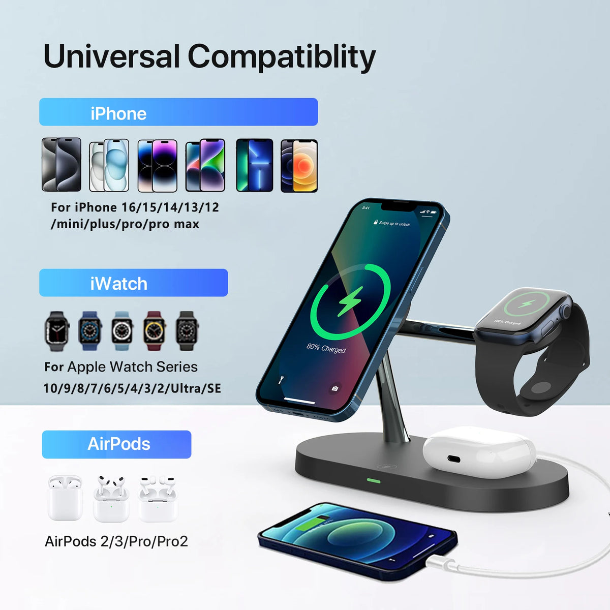 3 en 1 Cargador Inalámbrico Magnético para iPhone, Apple Watch y AirPods