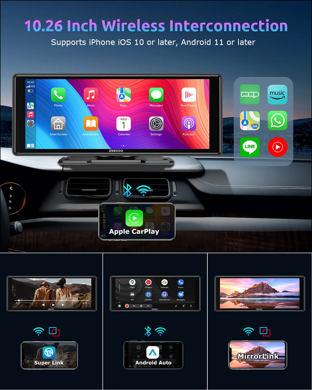 Écran Carplay & Android Auto 
ESSGOO 10,26"