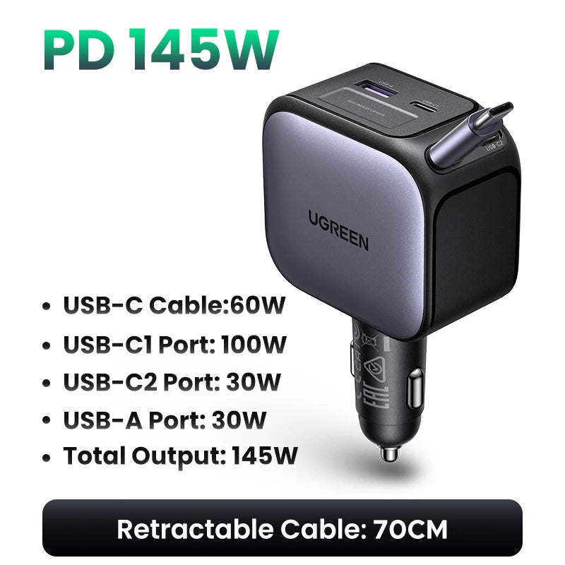 UGREEN Cargador de Coche 145W con Cable Retráctil