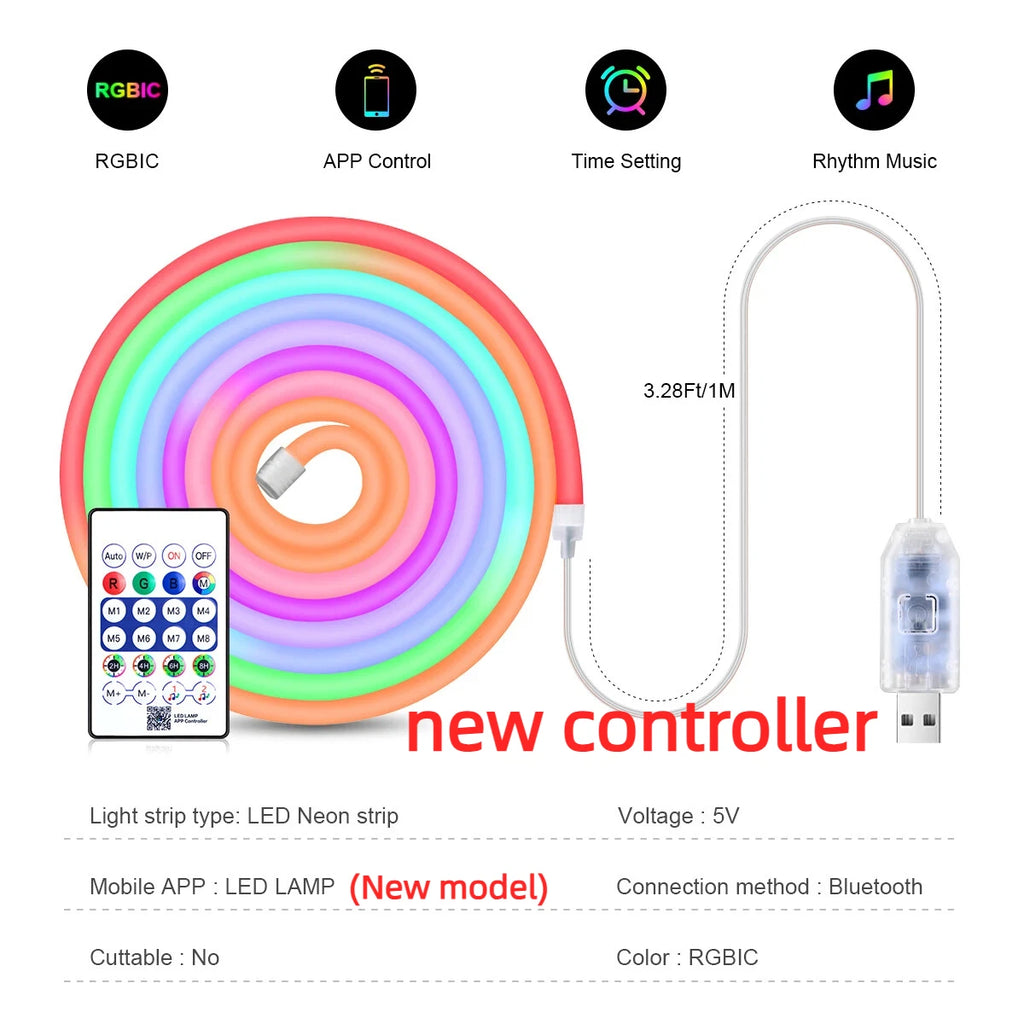2/3/5/10M Smart APP Control RGBIC Neon LED Strip Light, Music Sync, USB Dynamic Effects LED Rope for Bedroom Gaming Room Decor