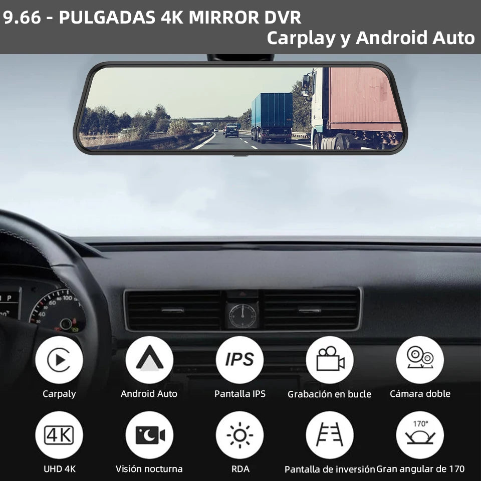 Dash Cam Acceo 4K Espejo Wireless CarPlay Android Auto