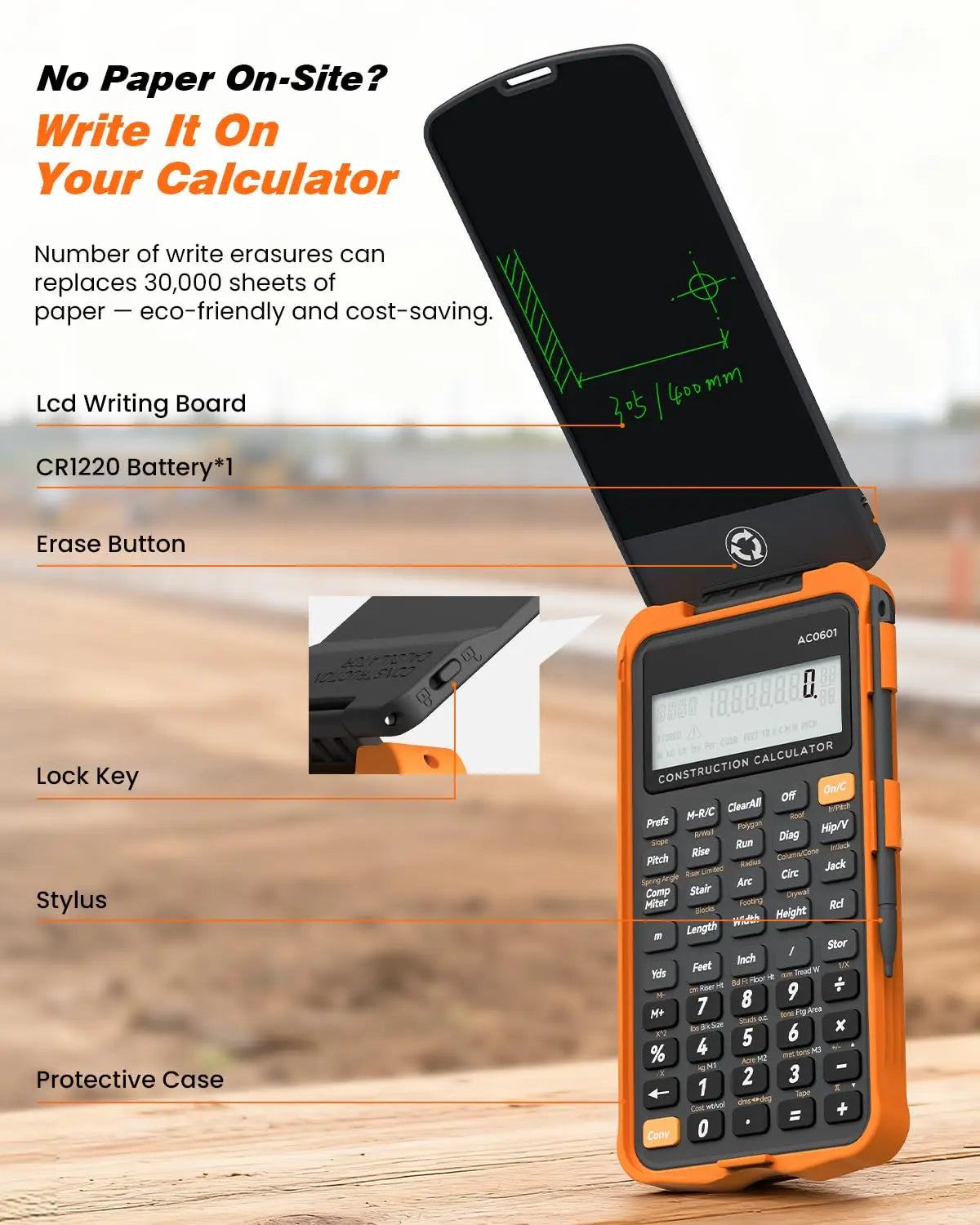 Calculadora de construcción con tableta de escritura industrial
