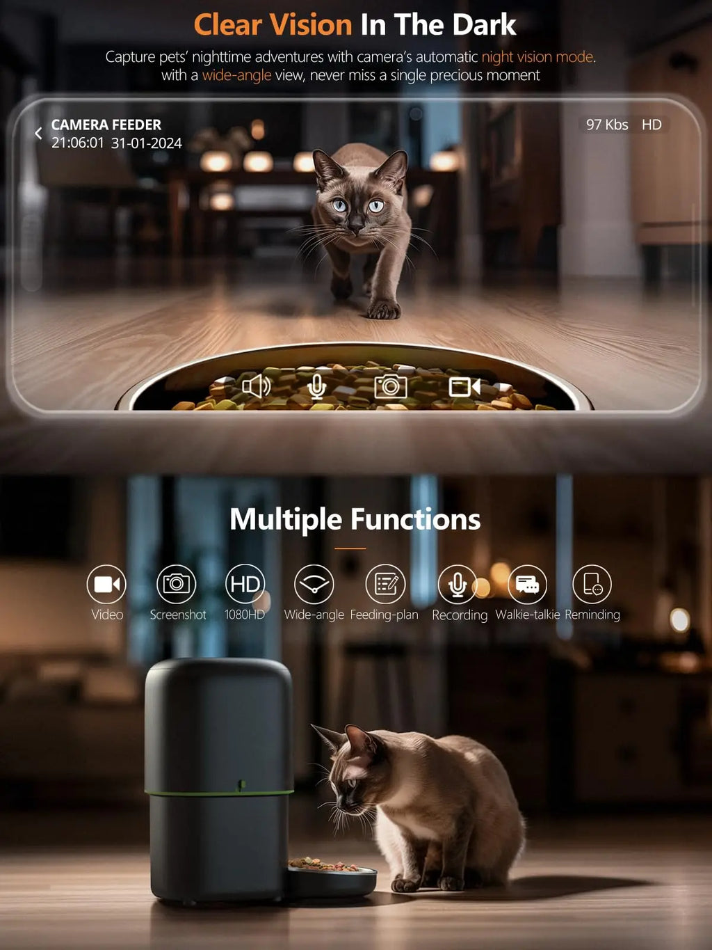 Automatic Cat Feeder Camera Pet Smart Cat Food Kibble Dispenser